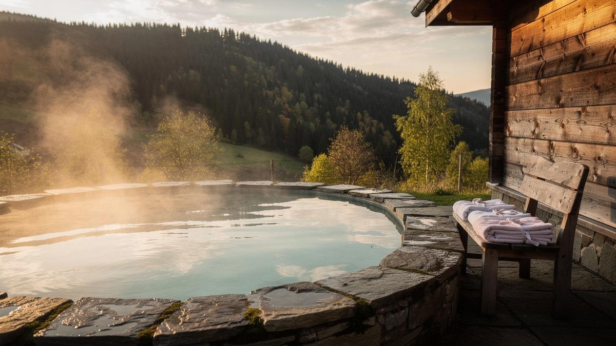 Steam rising from a thermal bathing pool at a Carpathian guesthouse in the late afternoon